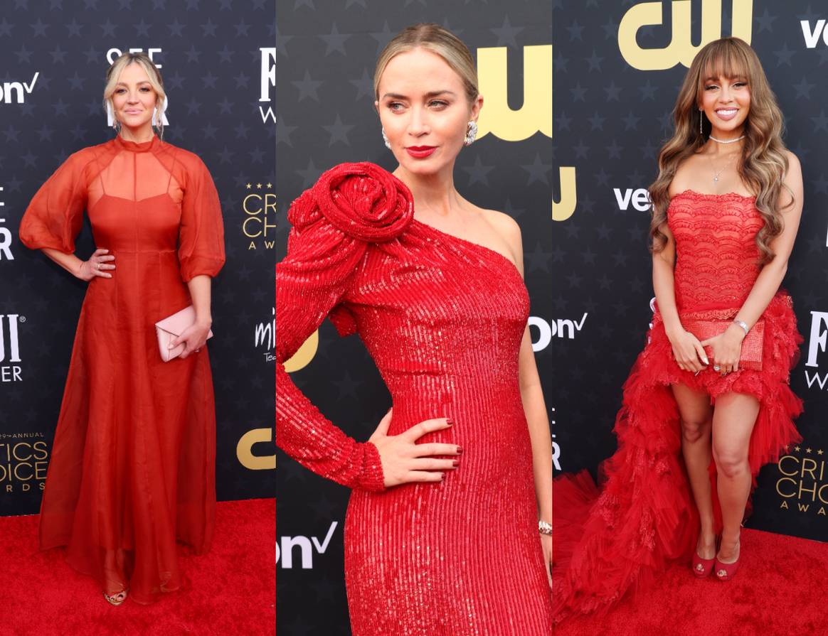 Abby Elliott, Emily Blunt and Vanessa Morgan attend the 29th Annual Critics Choice Awards at Barker Hangar on January 14, 2024 in Santa Monica, California.