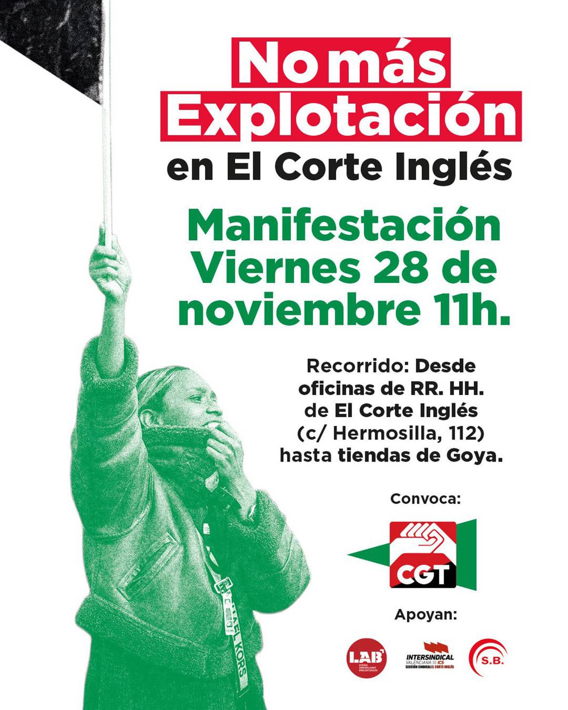 Cartel de la manifestación de trabajadores de El Corte Inglés convocada por la CGT para el 28 de noviembre de 2025 en Madrid (España).