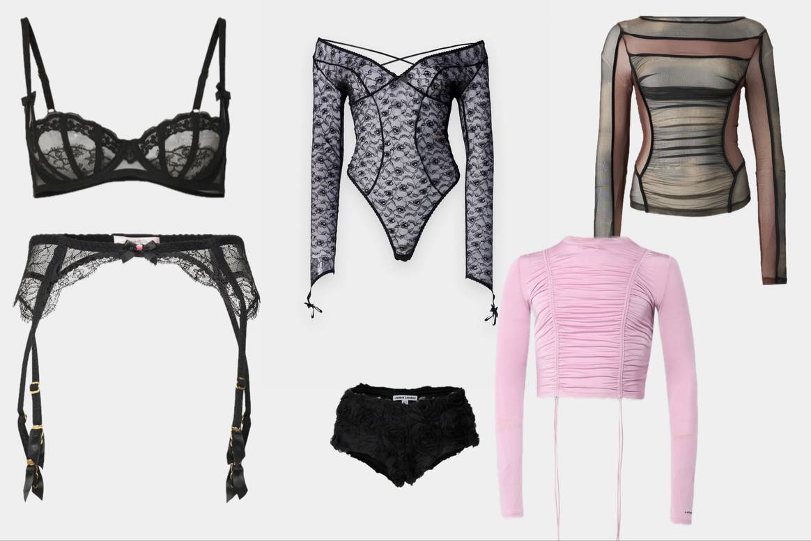 Conjunto de lencería y body de encaje negro de Agent Provocate, Short de Jaded London, camiseta rosa de Love Scars, top oscuro de Feng Chen.