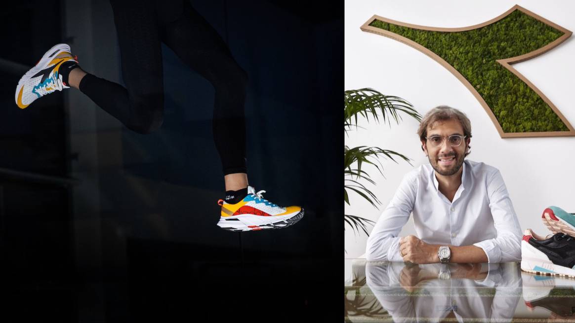Der Diadora Mythos Blushield Volo (links) und Enrico Moretti Polegato, Vorstandsvorsitzender von Diadora (rechts) / Bilder: Diadora