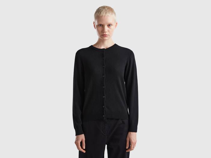Benetton, Strickjacke In Einer Mischung Aus Wolle Und Cashmere In Schwarz, größe L, Schwarz, female | United Colors of Benetton