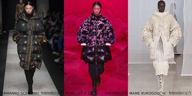 Crédit : Trendstop, de gauche à droite : Ermanno Scervino, Moncler x 1952,
Mame Kurogouchi, collection automne-hiver 2020-21.