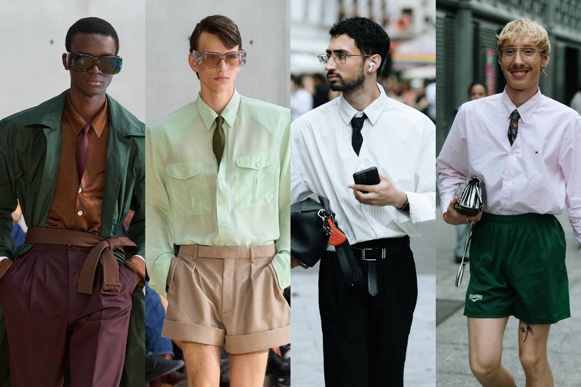 Krawatte verschwindet bei Saint Laurent (links) und im Streetstyle im Hemd