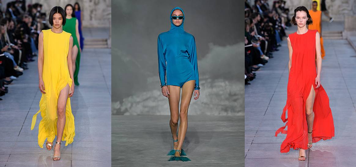 Aquí puedes ver los colores primarios: amarillo, azul (cian) y rojo (magenta). Créditos de izquierda a derecha: Akris SS23, Lanvin SS23, Akris SS23 vía Catwalkpictures.com.