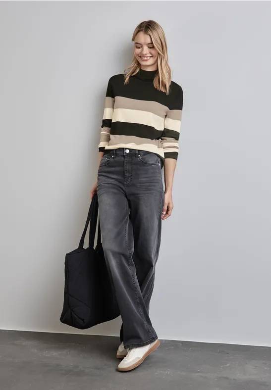 Frauen Gestreifter Pullover in Schwarz | Street One