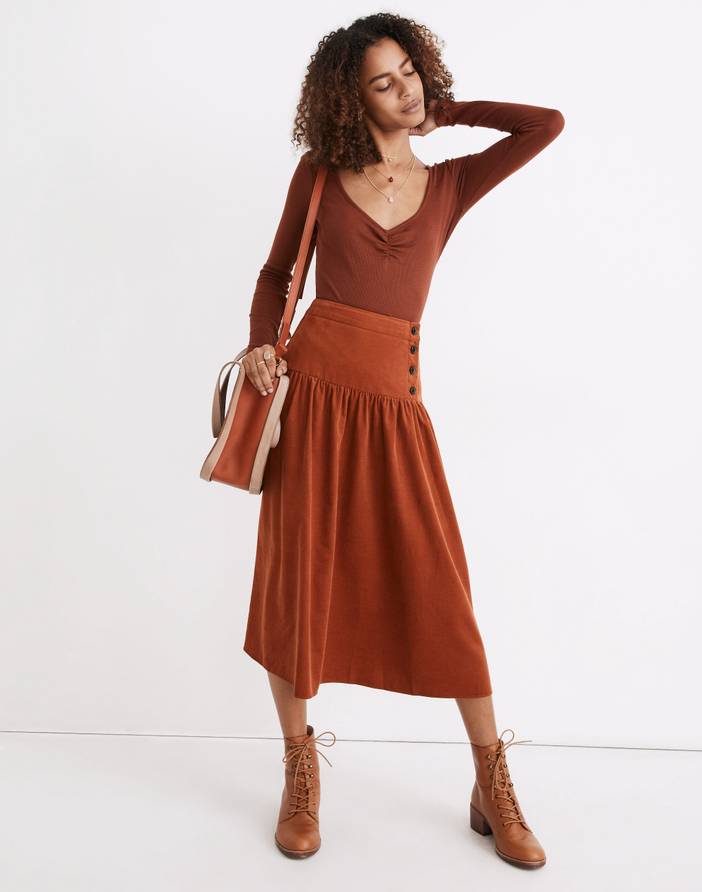 Corduroy Button-Yoke Midi Skirt | Madewell