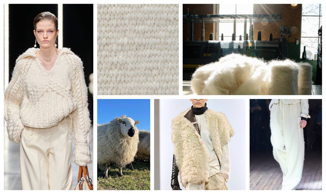 Ermanno Scerviono FW25 Ready to wear, 2 stockfoto's Pexels (wol en schaap), The Knitwit Stable credit Dana van Marel (uit het FashionUnited archief), Litkovska FW25 Ready to Wear & Undercover FW25 Ready to wear,