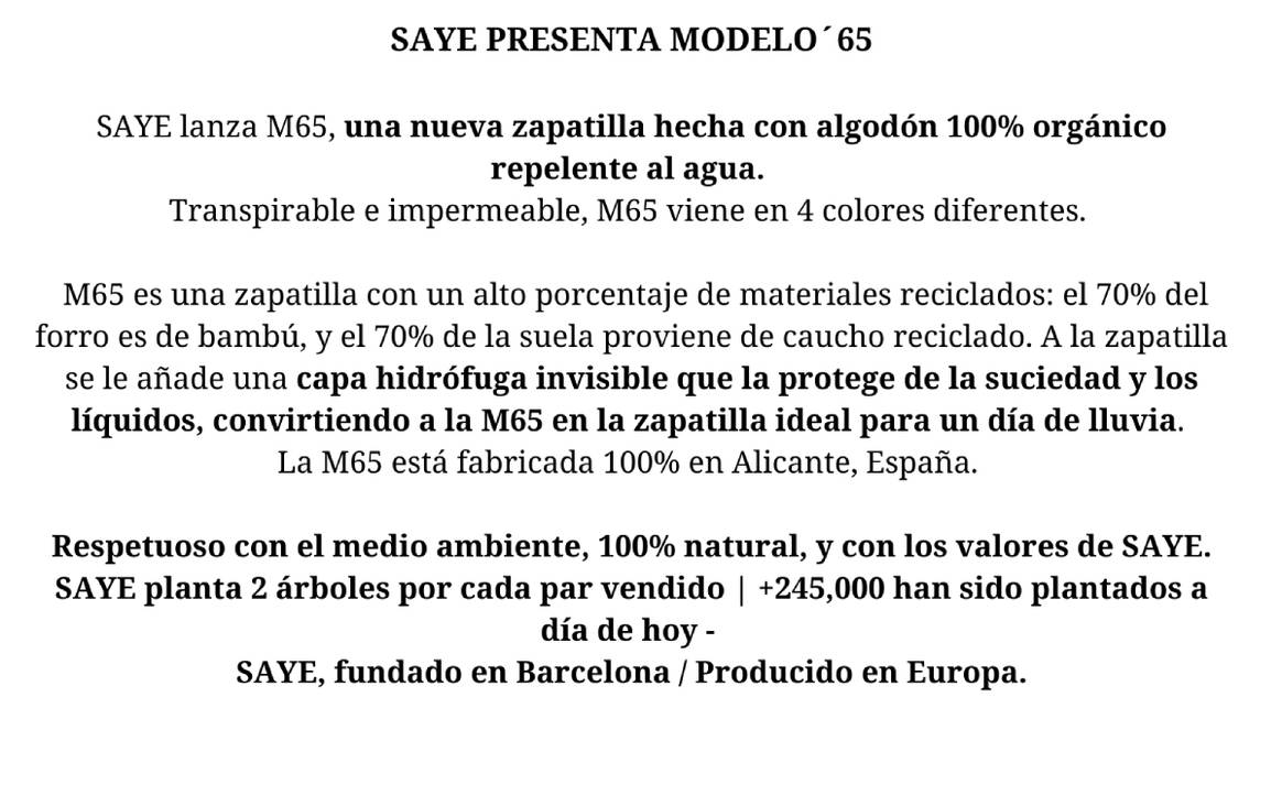 SAYE lanza una nueva zapatilla hecha con algodón orgánico repelente al agua: Modelo´65