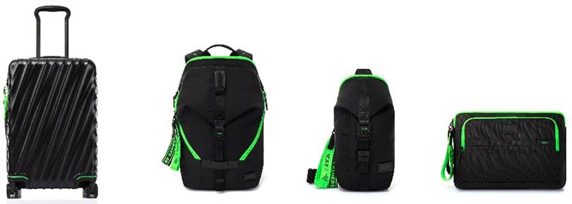 v. l. n. r. TUMI | Razer International Expandable 4 Wheeled Carry-On Luggage, TUMI | Razer Finch Rucksack - für 15" Laptop, TUMI | Razer Bozeman Sling Bag, TUMI | Razer Laptop-Hülle - für 15" Laptop