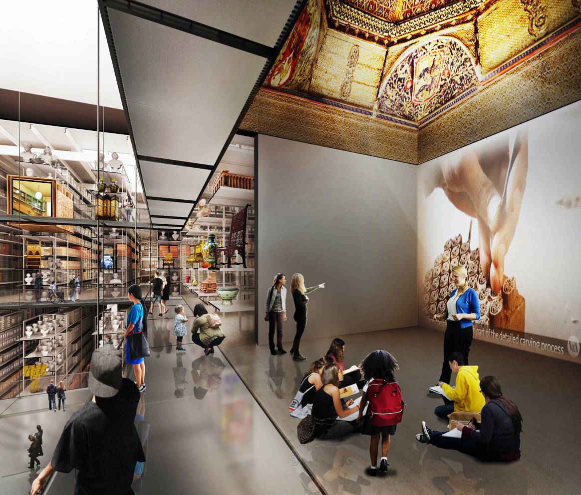 Image: courtesy of Victoria and Albert Museum, London; Internal render view of the central collection hall in V&A East Storehouse at Here East, designed by Diller Scofidio + Renfro