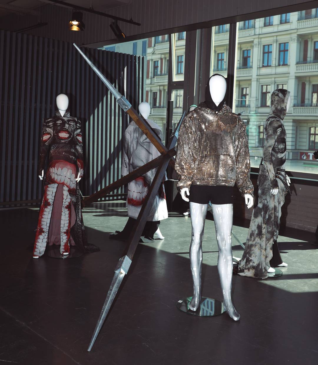 Iden’s installation merges the figure of the knight with digitally inspired prints.