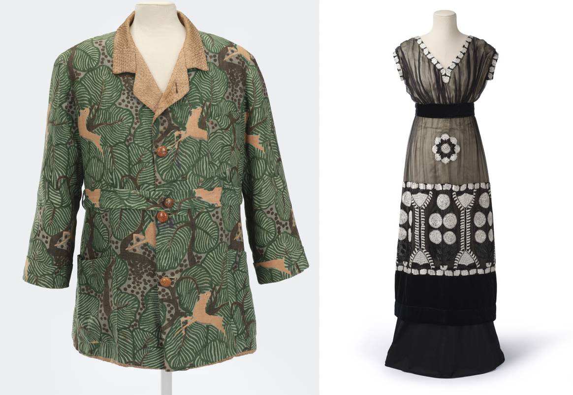 Paul Poiret — Veste de travail ayant  appartenu à Paul Poiret vers 1920. Toile de lin imprimée  d’après un dessin  de l’Atelier Martine. / Paul Poiret — Robe du soir Paris, 1910.