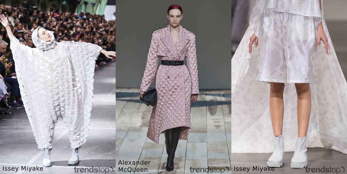 Immagine per gentile concessione di Trendstop, da sinistra a
destra Issey

Miyake, Alexander McQueen, Issey Miyake, tutto autunno inverno
2020-21.