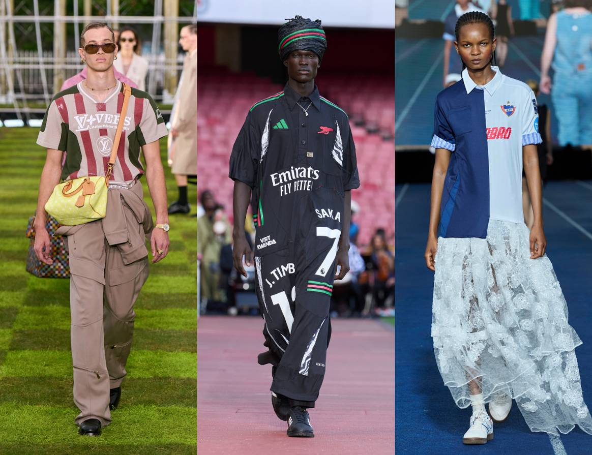 Fußballtrikots auf dem Laufsteg für FS25: Louis Vuitton, Labrum London und Baum und Pferdgarten