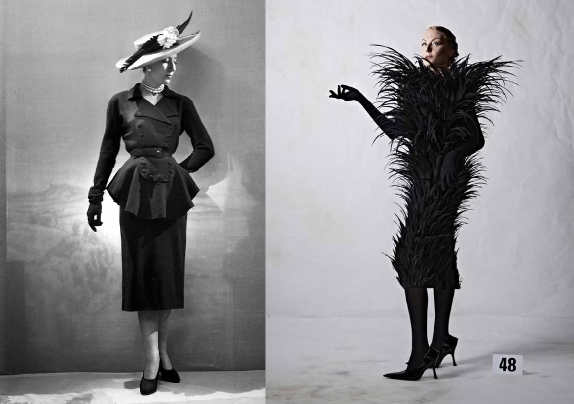 Dit is couture van Balenciaga. De Spaanse couturier Cristóbal Balenciaga opent zijn Parijse couturehuis in 1937. In de lichtstad wemelt het van de succesvolle couturiers, maar Balenciaga onderscheidt zich van zijn collega’s door de architecturale kwaliteit van zijn werk. Links zie je een model in Balenciaga-mantelpakje, 1947. Credit: © Lipnitzki / Roger-Viollet / Roger-Viollet / AFP. Rechts zie je nieuwe Balenciaga couture uit de FW22 collectie, geshowd op de Haute Couture Week in Parijs, een ontwerp van modeontwerper Demna (hij liet onlangs zijn achternaam Gvasalia vallen, red.). Credit: eigendom Balenciaga