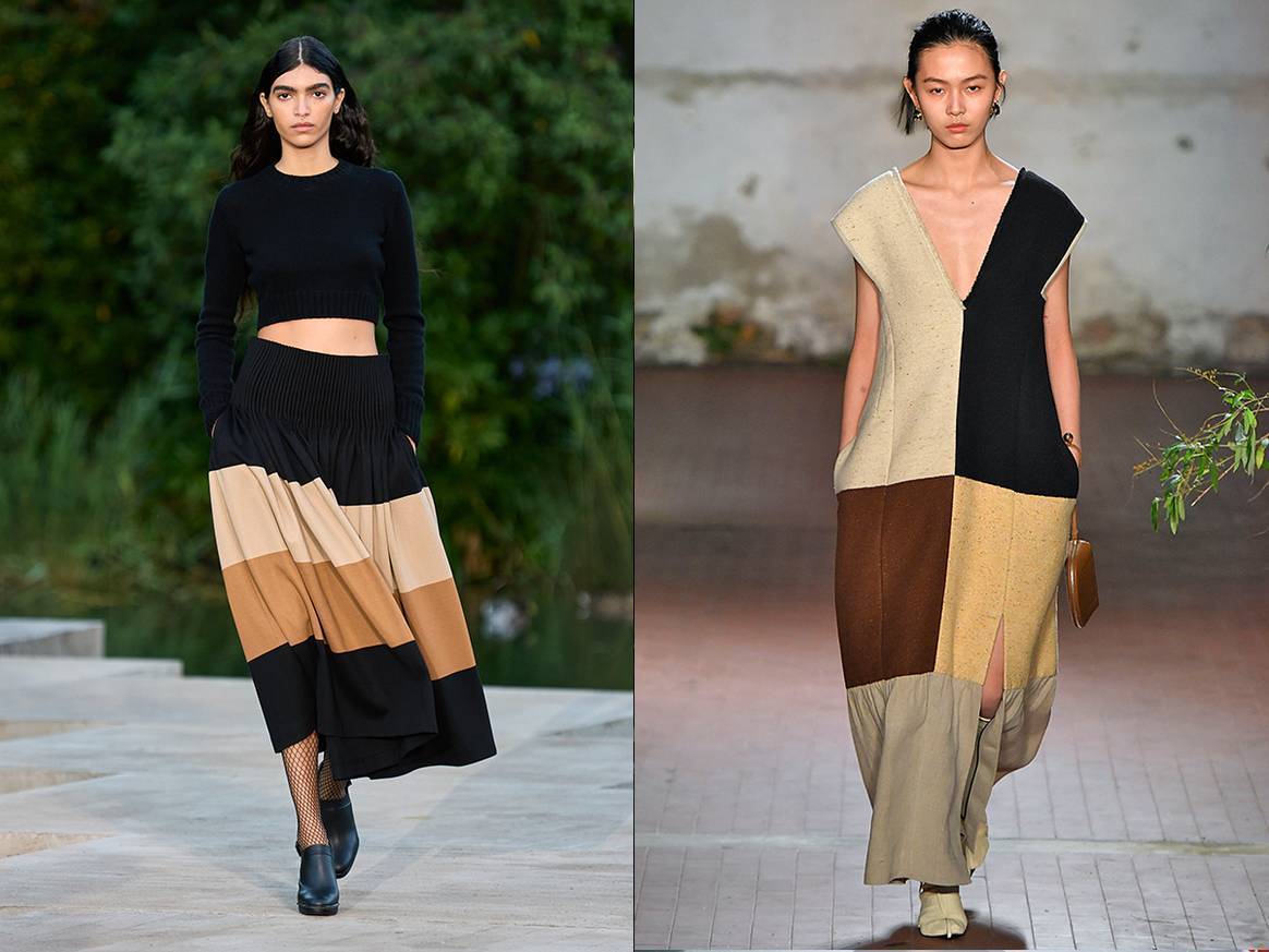 Aquí puedes ver el colorblocking en una falda de Max Mara y un vestido de Jil Sander. Crédito: Max Mara resort SS23 y Jil Sander FW19 vía Catwalkpictures.com..