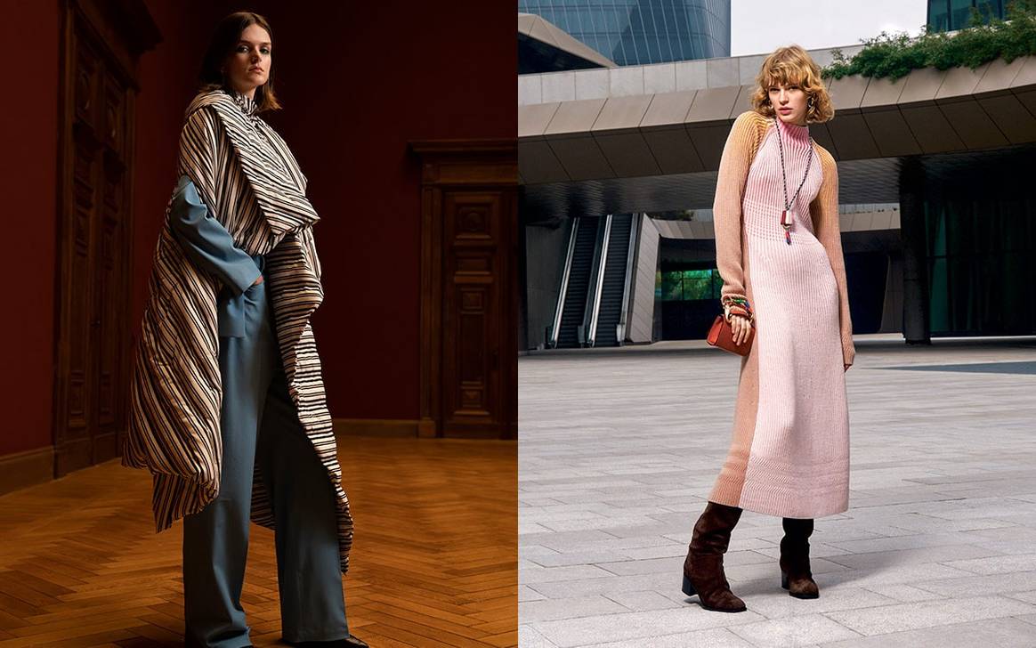 Links: ‘Blanket dressing’ bij Christian Wijnants FW21, kleding in de vorm van een dekentje. Beeld via PR bureau Turbulence. Rechts: typerende brei-patronen bij Missoni womenswear FW21. Beeld via CatwalkPictures.com.