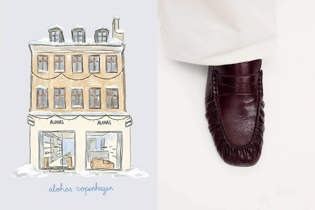 Boceto de la nueva tienda de Alohas en Copenhague. / Mocasín unisex “Aven” de Alohas.