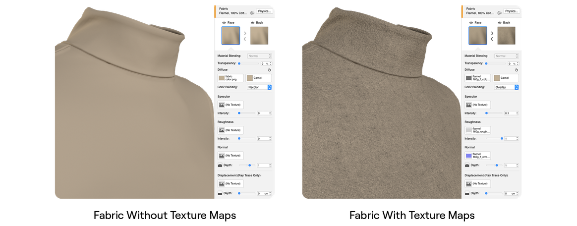 Image: a comparison between a fabric with and without texture maps / Stitch