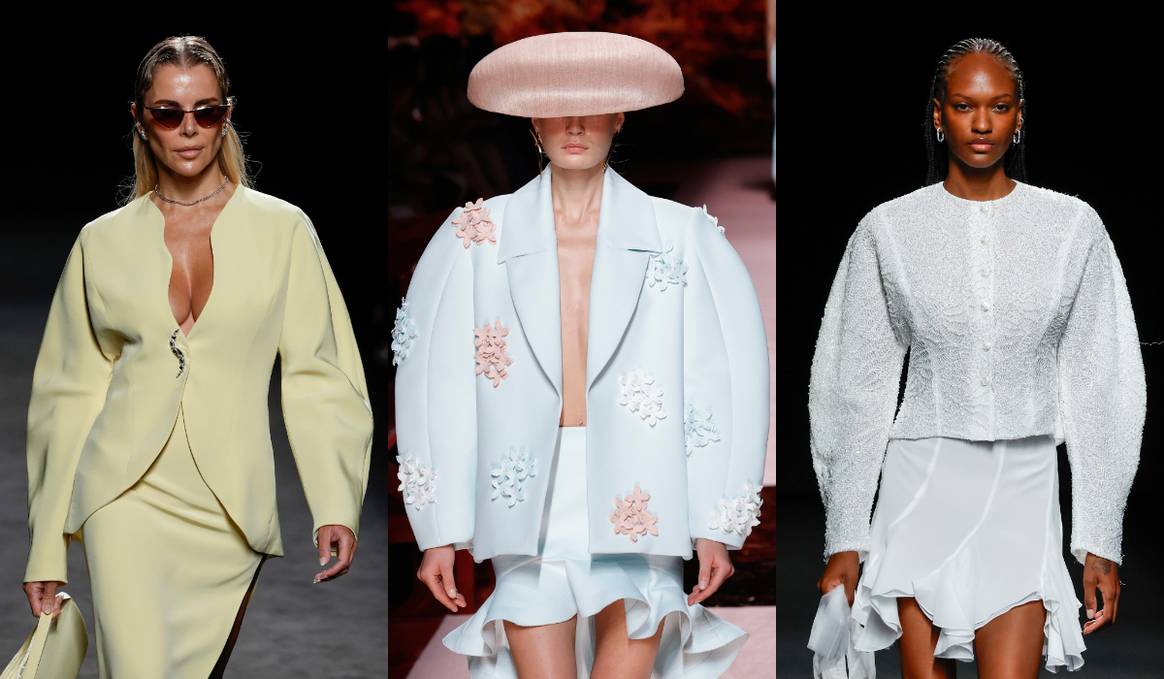 De izq. a dch. Claro Couture, Isabel Sanchis y Claro Couture SS26 en MBFW Madrid