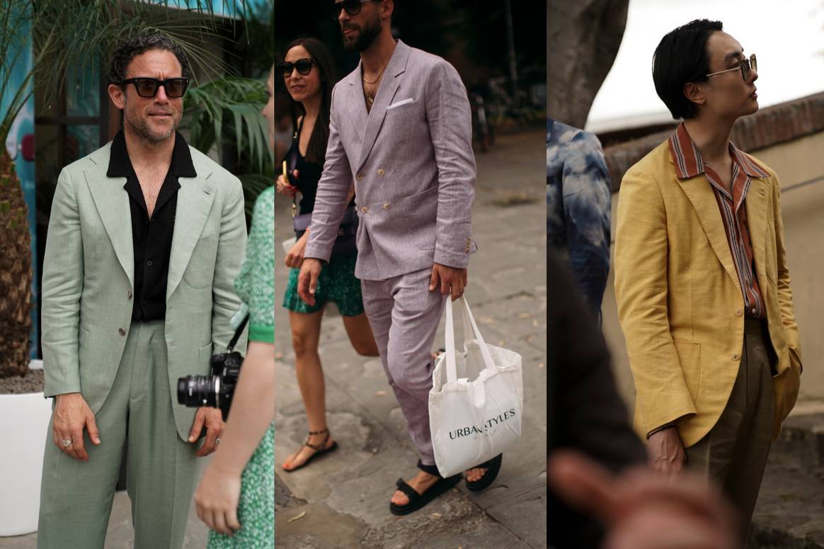 Tailoring in pastel shades at Pitti Uomo. Images: Chillaxing Road (left), Spotlight Launchmetrics