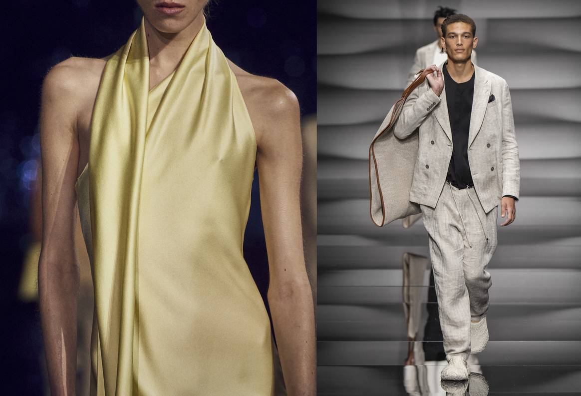 Image: a silk garment by Boss from the spring/summer 2023 ready-to-wear collection (left) and a linen suit by Emporio Armani from the spring/summer 2023 collection (right). Images via Spotlight Launchmetrics.