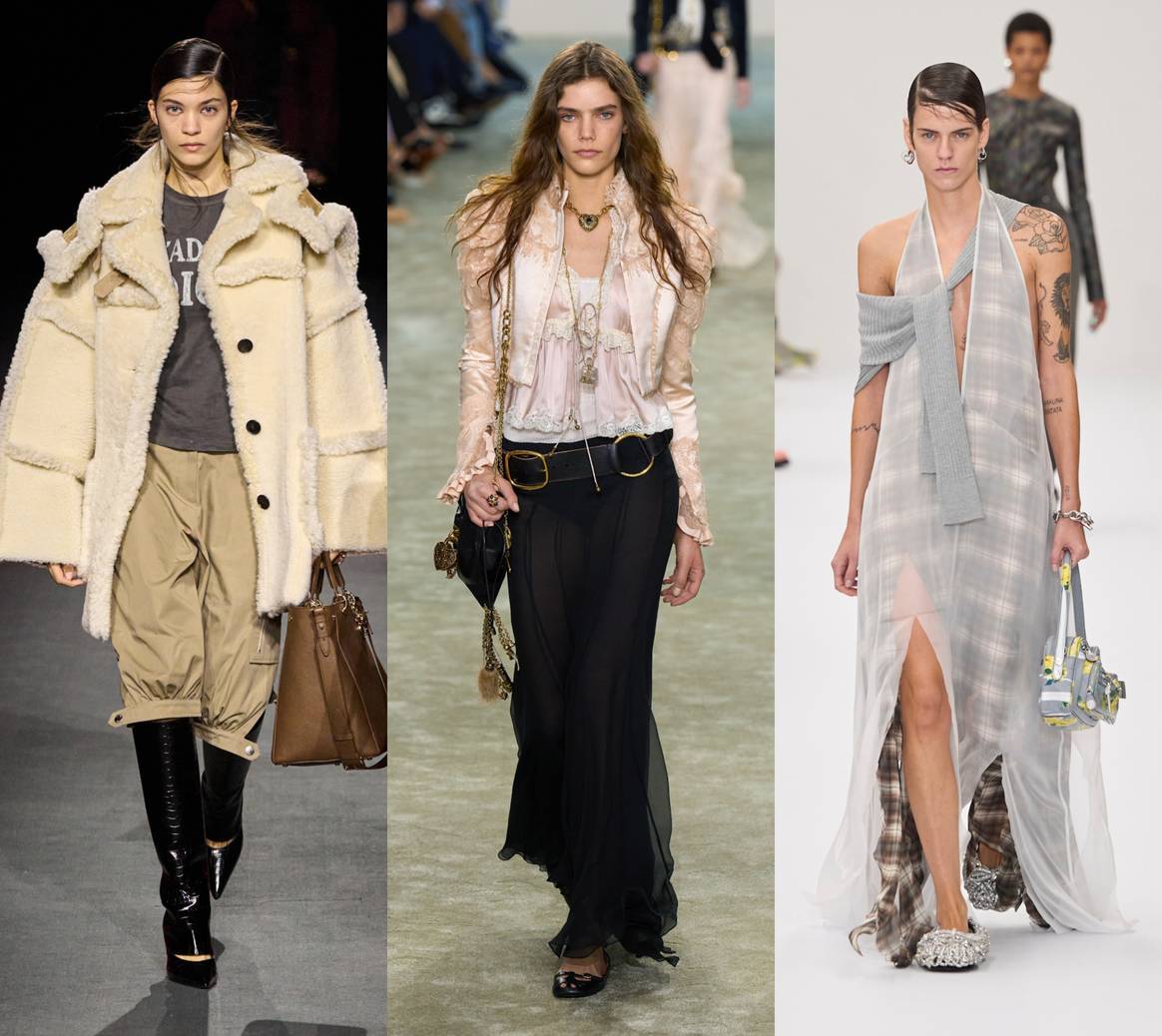 De g. à dr. : Dior FW25, Chloé FW25, Acne Studios SS25.