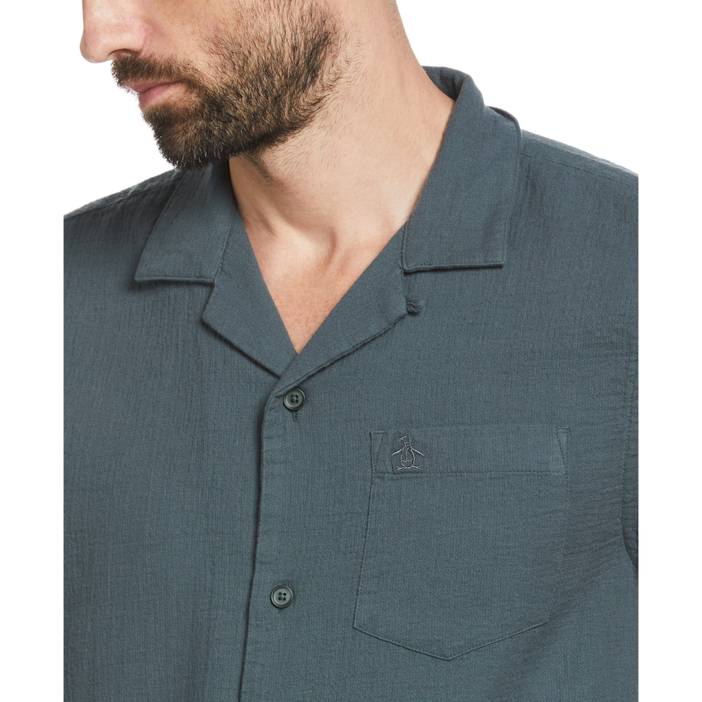 Men's Gauze Tonal Camp Collar Short Sleeves Shirt | Original Penguin