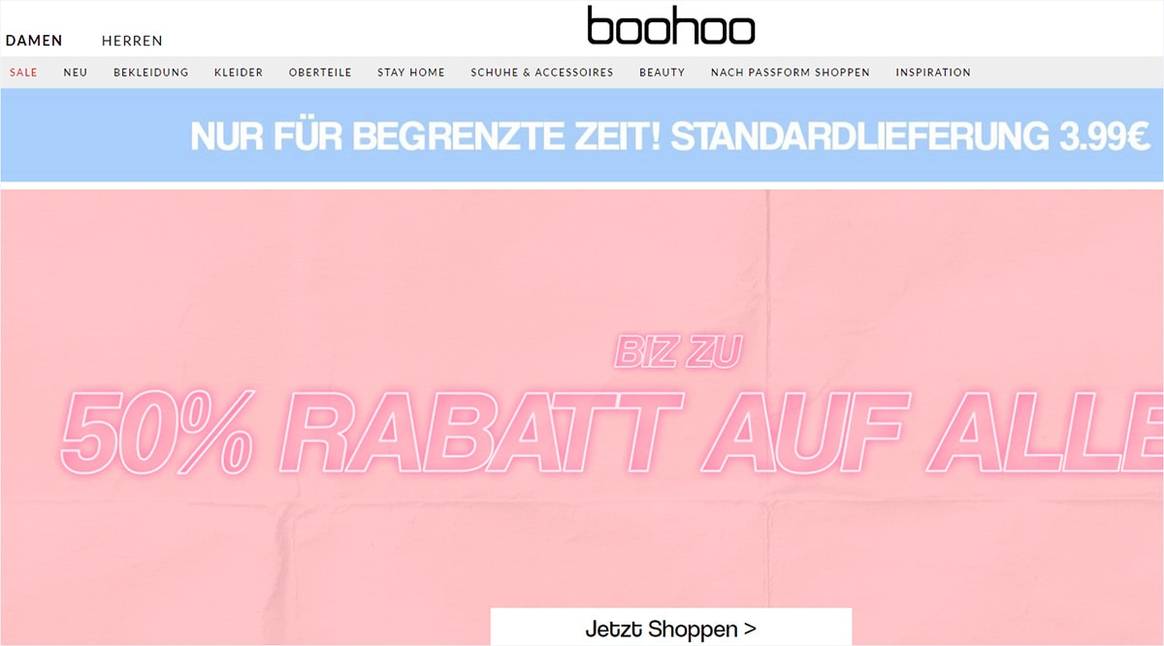 Bild: Bohoo wirbt mit Rabatten | Website Screenshot