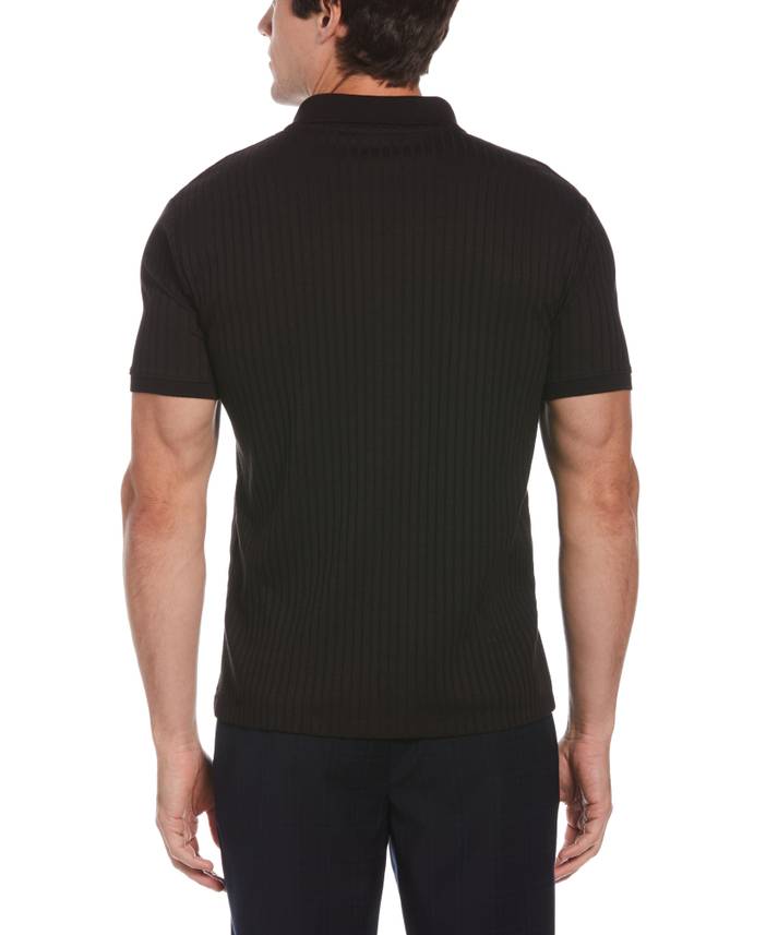 Men's Quarter Zip Ribbed Polo in Black, Size Small, Cotton/Polyester, Regular | Perry Ellis
