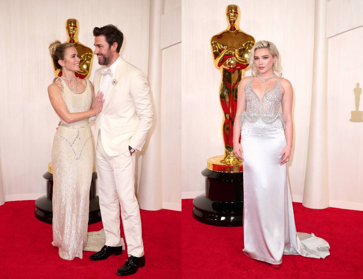 Emily Blunt in Schiaparelli and Florence Pugh in Del Core.