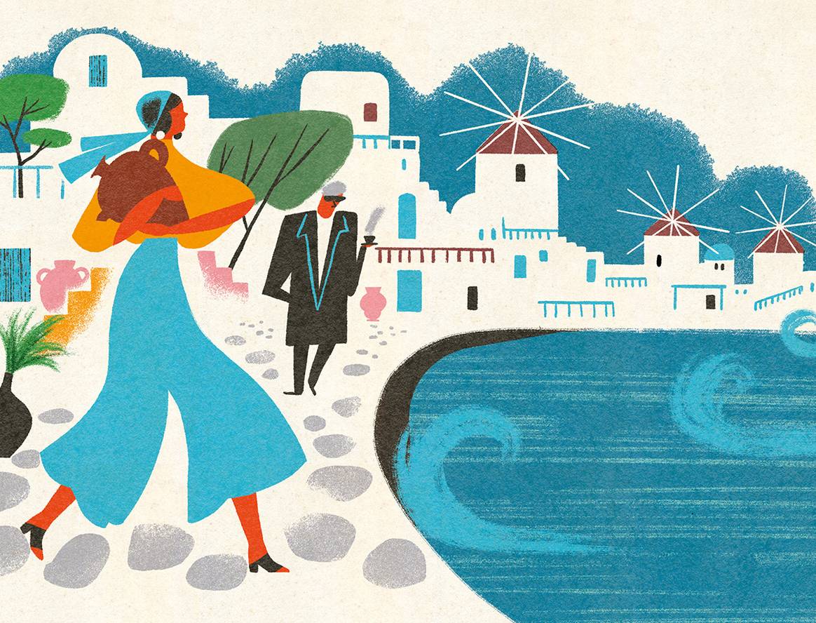 Ilustración de la guía de Mykonos de la colección “City Guide Resorts” de Louis Vuitton de Verano 2025.