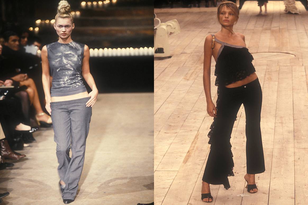 Alexander McQueen's iconische “bumsters” broeken stonden aan de wieg van de lage heupbroeken trend. Op de linkerfoto zie je supermodel Kate Moss in een low-rise broek op de catwalk. Later maakte de designer meer en toegankelijkere heupbroeken. Op de rechterfoto zie je een ontwerp uit de Alexander McQueen SS99 collectie. Credit: Alexander McQueen FW96 collectie, eigendom Catwalk Pictures (Archives) & Alexander McQueen SS99, eigendom Catwalk Pictures (Archives).