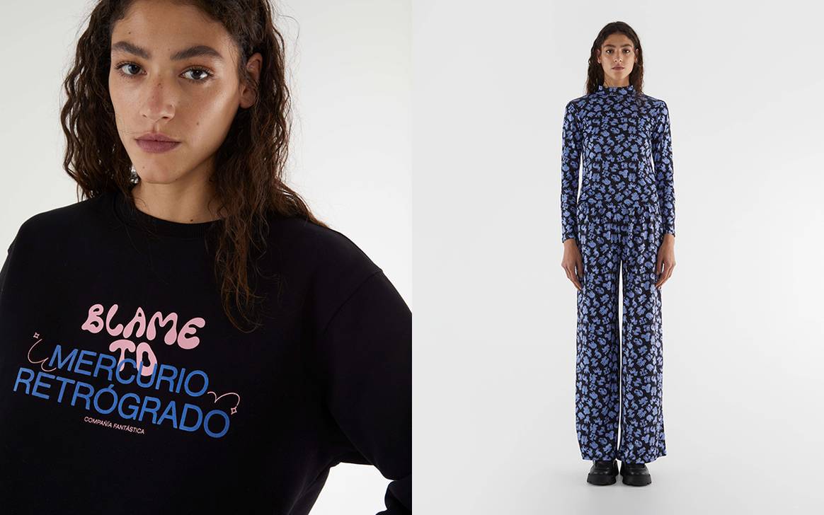 Sudadera de felpa estampada. PVP: 54,95 euros Top con cuello alto y manga larga. PVP: 34,95 euros