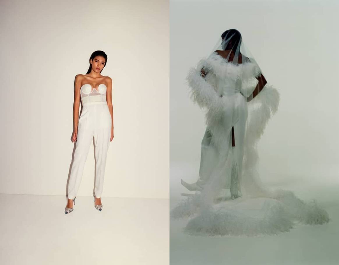 Nensi Dojaka Bridal Capsule for Mytheresa (left) and Bridal by 16 Arlington (right). Credit: Nensi Dojaka, 16 Arlington