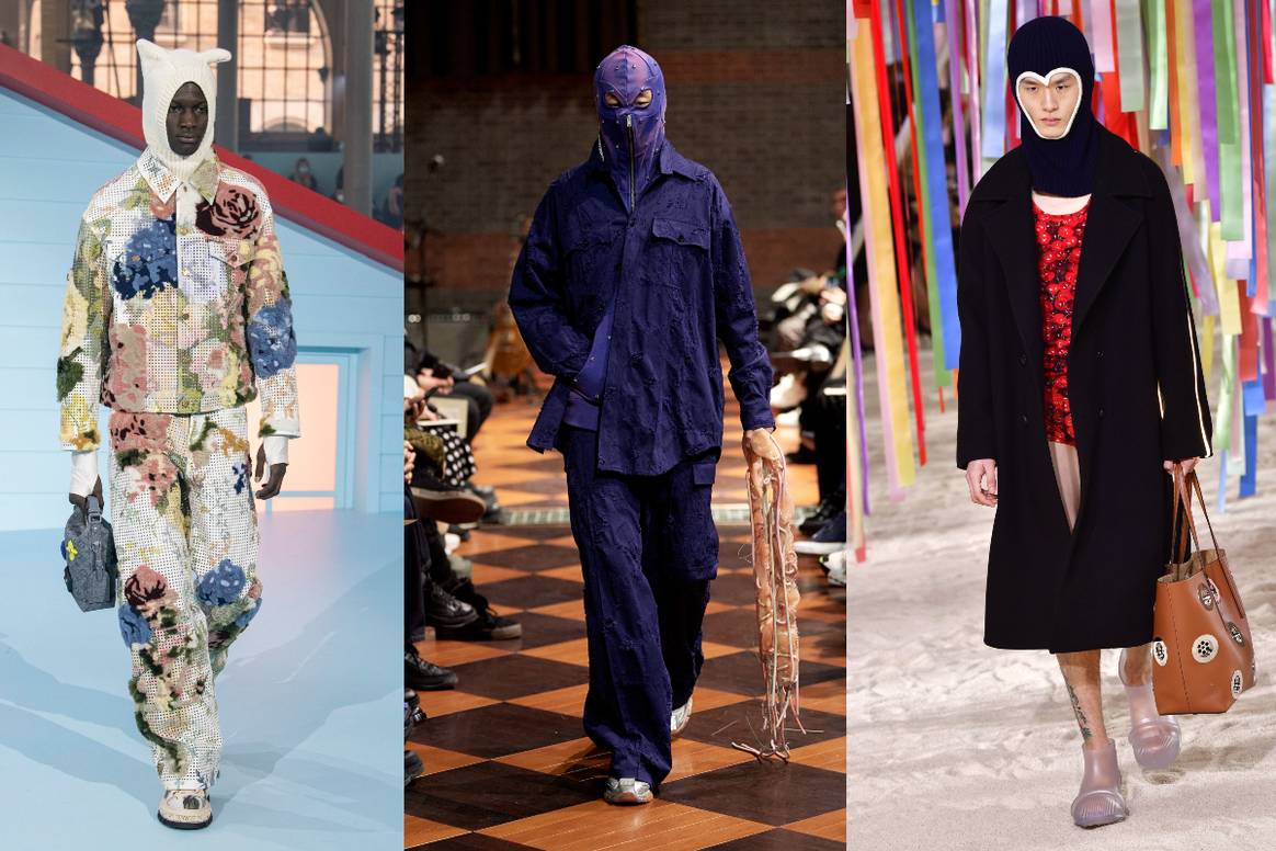 Balaclavas bei den Herrenmodeschauen HW22. Bild: Louis Vuitton, Sankuanz und Loewe via Catwalkpictures