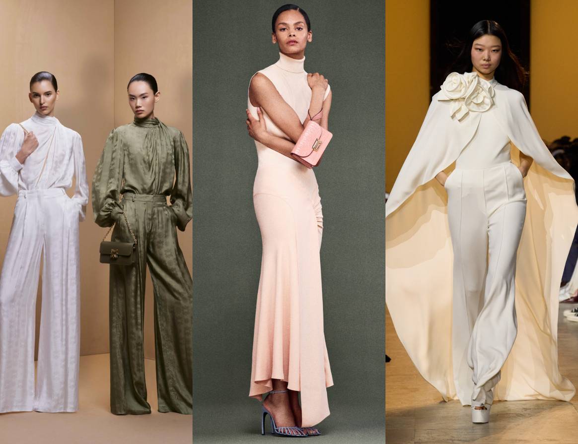 Demure trend according to brands: Zuhair Murad Off-season 2025, Victoria Beckham Off-season 2025, and Elie Saab FW24.