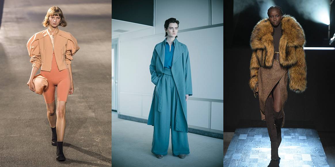 Aquí puede ver el contraste "ton sur ton" en nude/rosa (izquierda), azul (centro) y marrón (derecha). Créditos f.l.t.r: Issey Miyake SS23, Issey Miyake FW21 y Michael Kors FW22 vía Catwalkpictures.com.