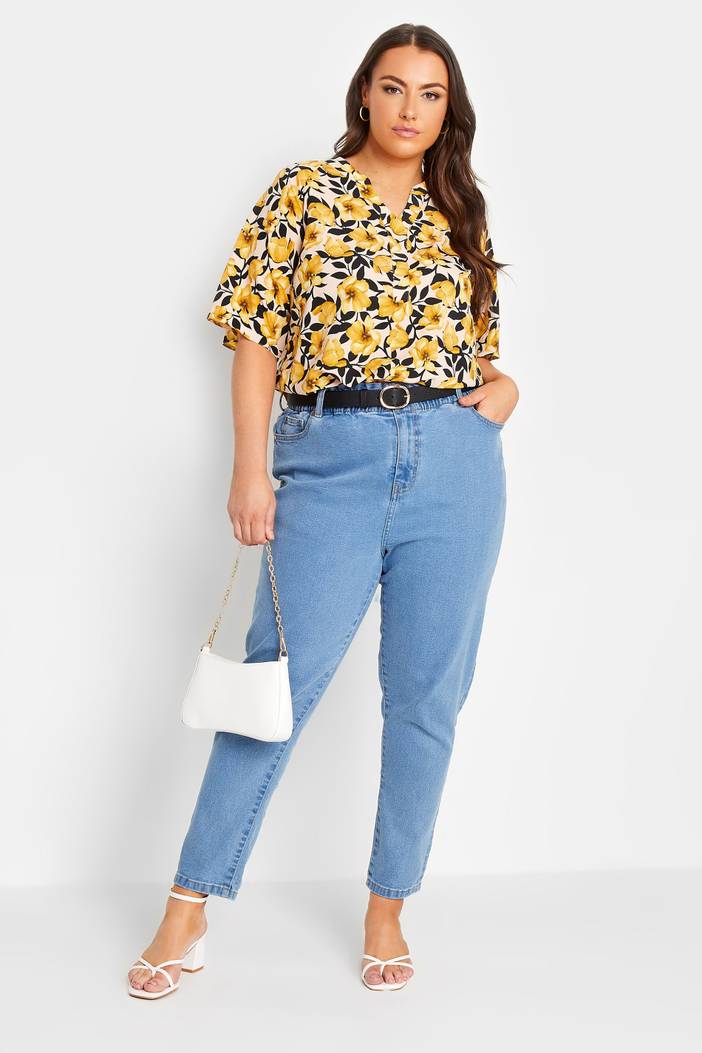 Blouse Met Bloemmotief En Vhals In Geel, Dames Curve & Grote Maten Kleding, Yours | Yours