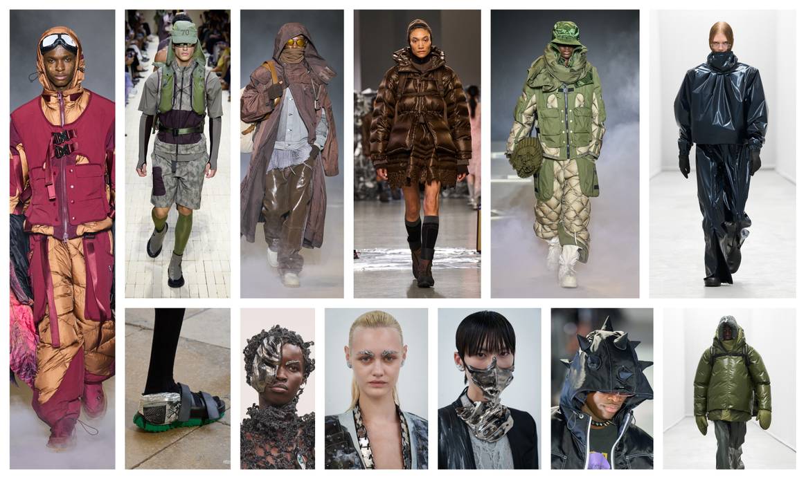 Pantser trend ter illustratie: Kidsstudios FW25 Ready to Wear (3x), Emporio Armani SS26 Menswear, Rains FW25 Ready to Wear, Cecilie Bahnsen FW25 Ready to Wear, Kolor SS26 Menswear en Yuima Nakazato FW25 - Haute Couture (3x)
