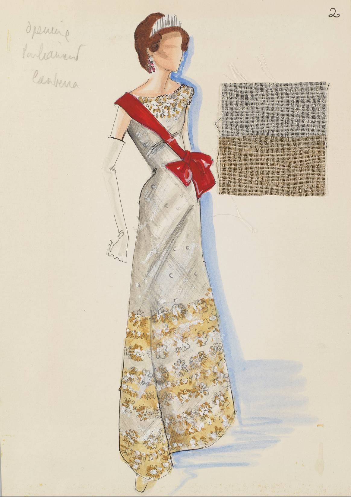 Illustration for a silver lamé  beaded shift dress worn during a  State Visit to France in 1972,  Norman Hartnell.