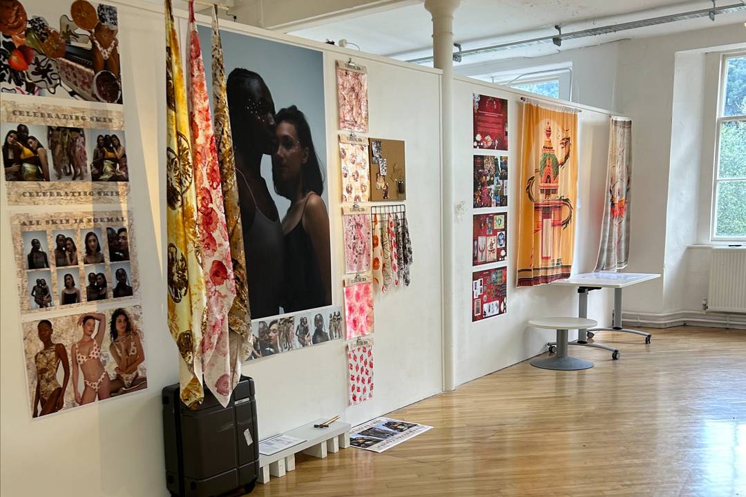 One of the display spaces at the Heriot-Watt School of Textiles and design master show 2024.