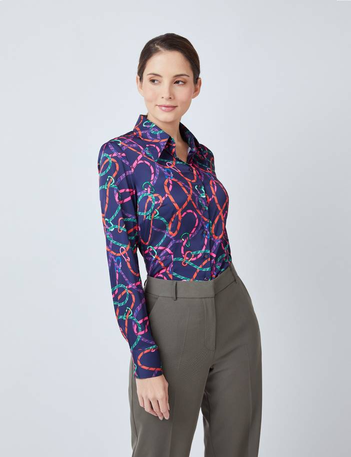 Women's Rope Print Satin Blouse in Navy/Orange | Hawes& Curtis