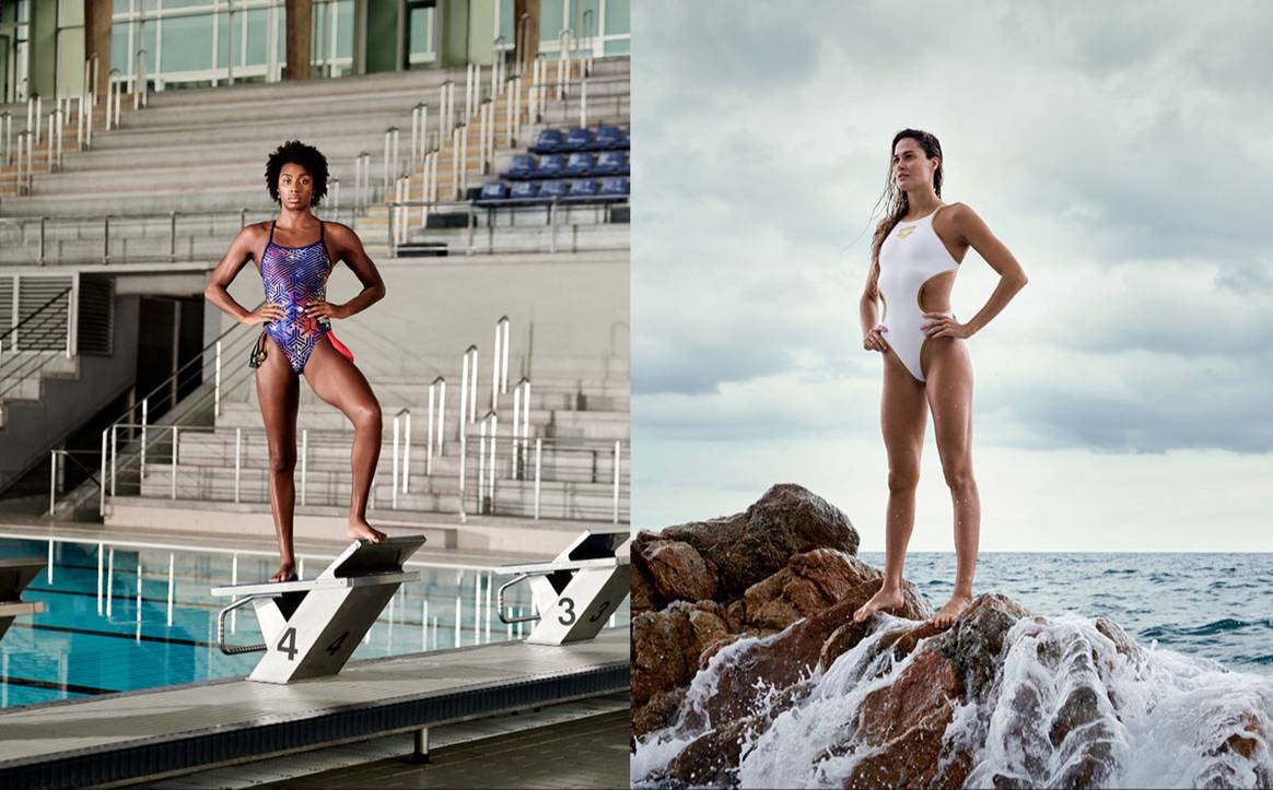 Courtesy of Arena. À droite : maillot de bain une-pièce Arena One Biglogo