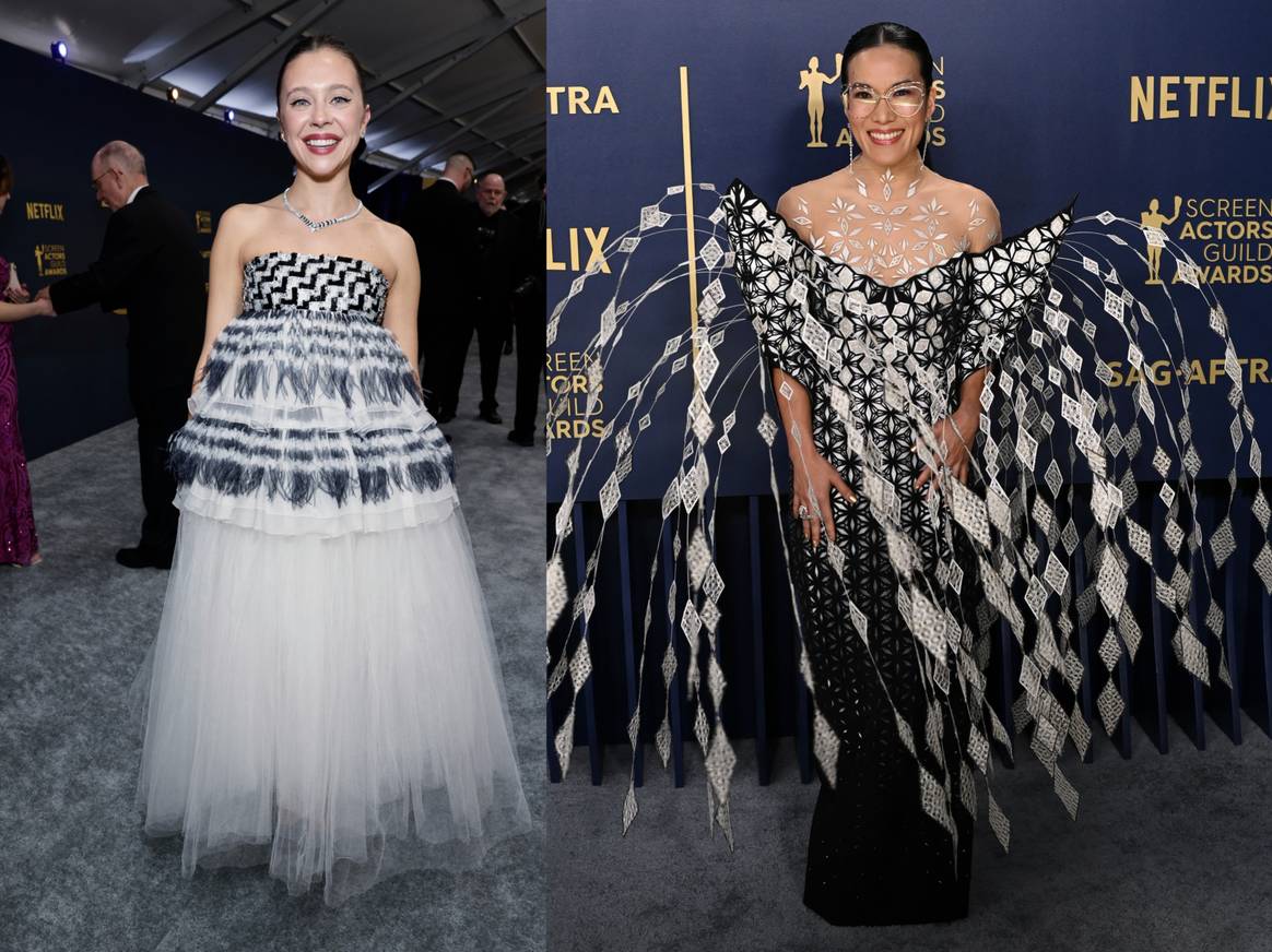 Bel Powley (left) in Chanel Couture and Ali Wong wearing Iris van Herpen at the 2024 SAG awards