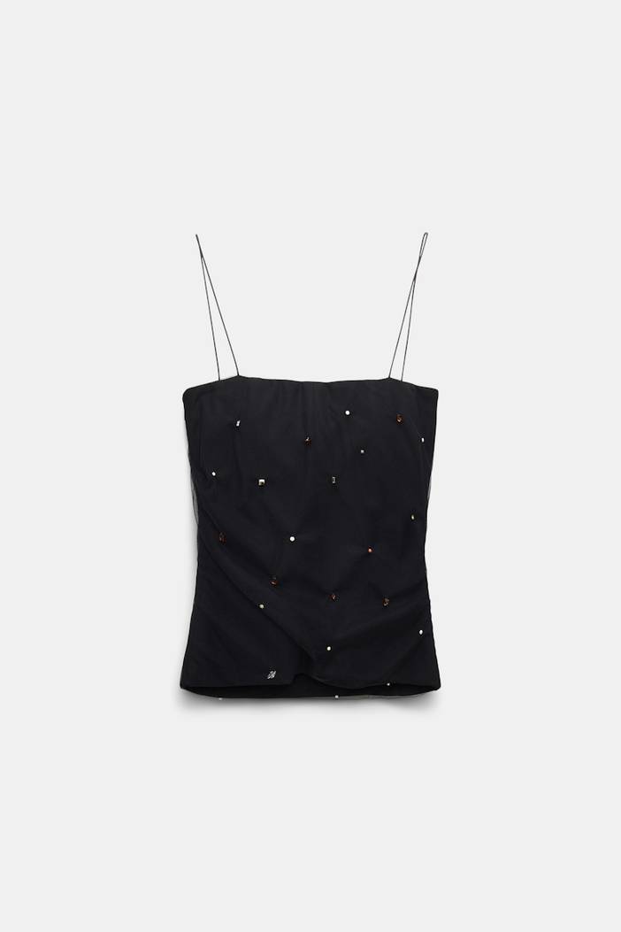 Strapless top in Punto Milano with embellished tulle overlay | dorothee schumacher