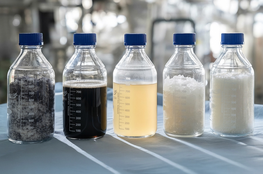 Het proces: Versnipperd textielafval (fles 1) wordt gedepolymeriseerd (fles 2), gezuiverd (fles 3) en het verkregen caprolactam (fles 4) wordt opnieuw gepolymeriseerd tot Loopamid (fles 5).