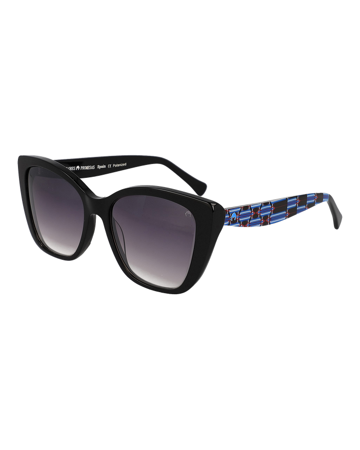 Gafa con tendencia a pico negra y varillas estampado azul | Dolores Promesas