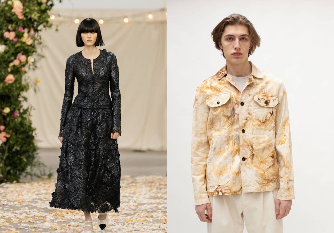 À gauche : Des matières ajourées et dramatiques chez Chanel automne-hiver 2021-2022. Photo : Catwalkpictures. À droite : travail de peinture complexe et naturel chez Hul Le Kes automne-hiver 2021-2022. Photo : Hul Le Kes via Spice PR.