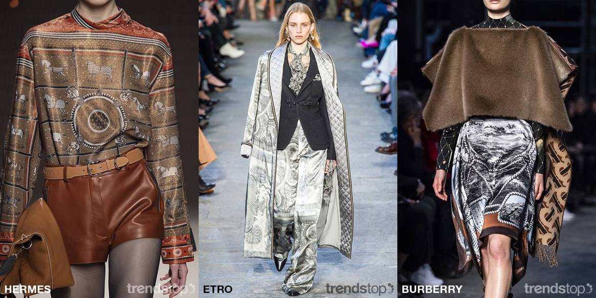 Beelden via Trendstop, van links naar rechts: Hermes,
Etro, Burberry, allen Herfst Winter 2019-20.